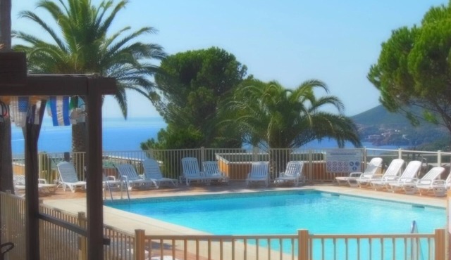 Apt F2 Magnificent enclosed landscaped area with sea and Estérel view, large swimming pool, ping po